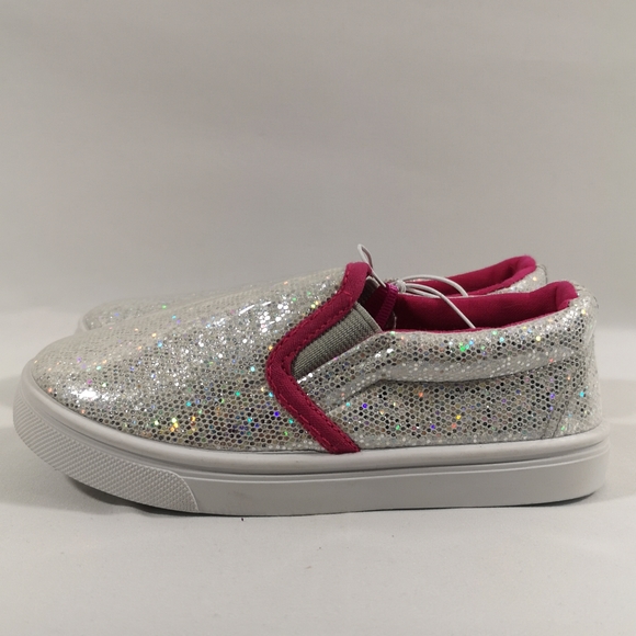 Girl's Slip-on Shoe, White and Silver Glitter with Pink. Rubber Soles, Size 10 - Picture 5 of 6